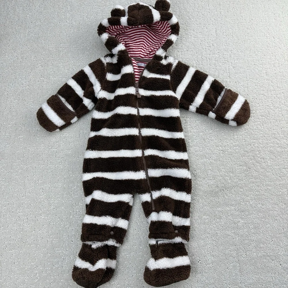 Baby Boden Brown White Stripe Sherpa Fleece Bunting Bear Hooded 3-6m‎